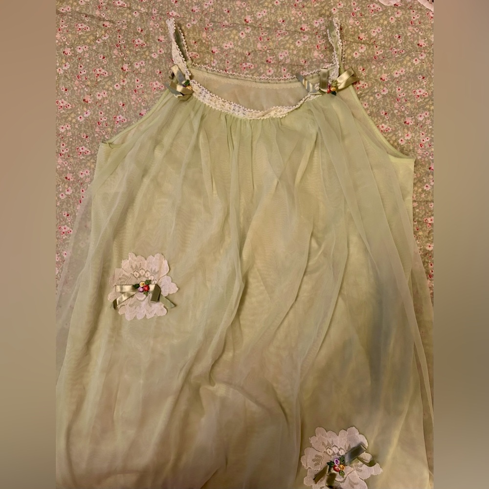 Vintage Nightgown Light Green 2-Layer Nylon & Chiffon M